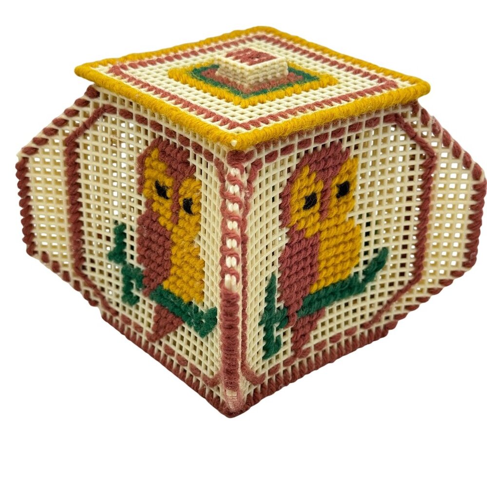 Handmade Needlepoint Owl Trinket Box Vtg Plastic Canvas Holiday Decor 5"